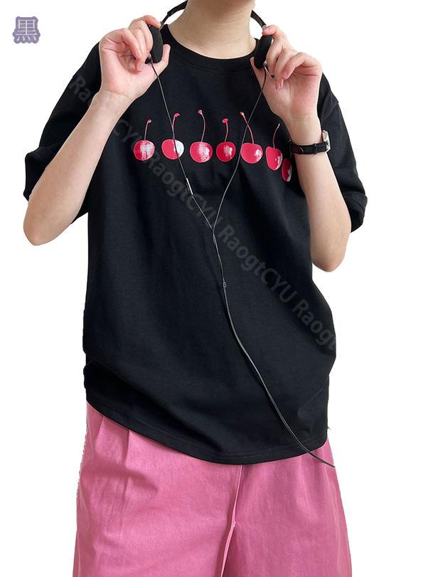 Tシャツ 半袖 レディース カットソー チェリー ゆったり 夏服 トップス カジュアル シンプル 着痩せ 大きいサイズ きれいめ 体型カバー ルームウエア 通勤 普段 tシャツ おしゃれ 綿 プリント ファッション 履きやすい RaogtCYU