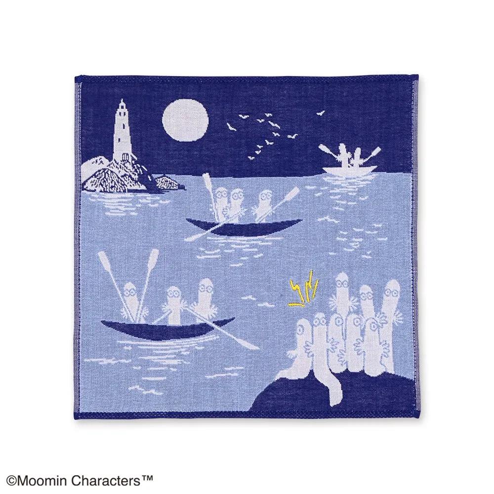 【ハンカチ】ムーミン三重ガーゼハンカチ 夜の海[ MOOMIN ニュロニョロ ボート ネイビー ブルー 刺繍 ムーミン一家 ハンドタオル タオルハンカチ 25cm角 レディース 無撚糸 パイル 綿100％ かわいい おしゃれ プチギフト ] sps