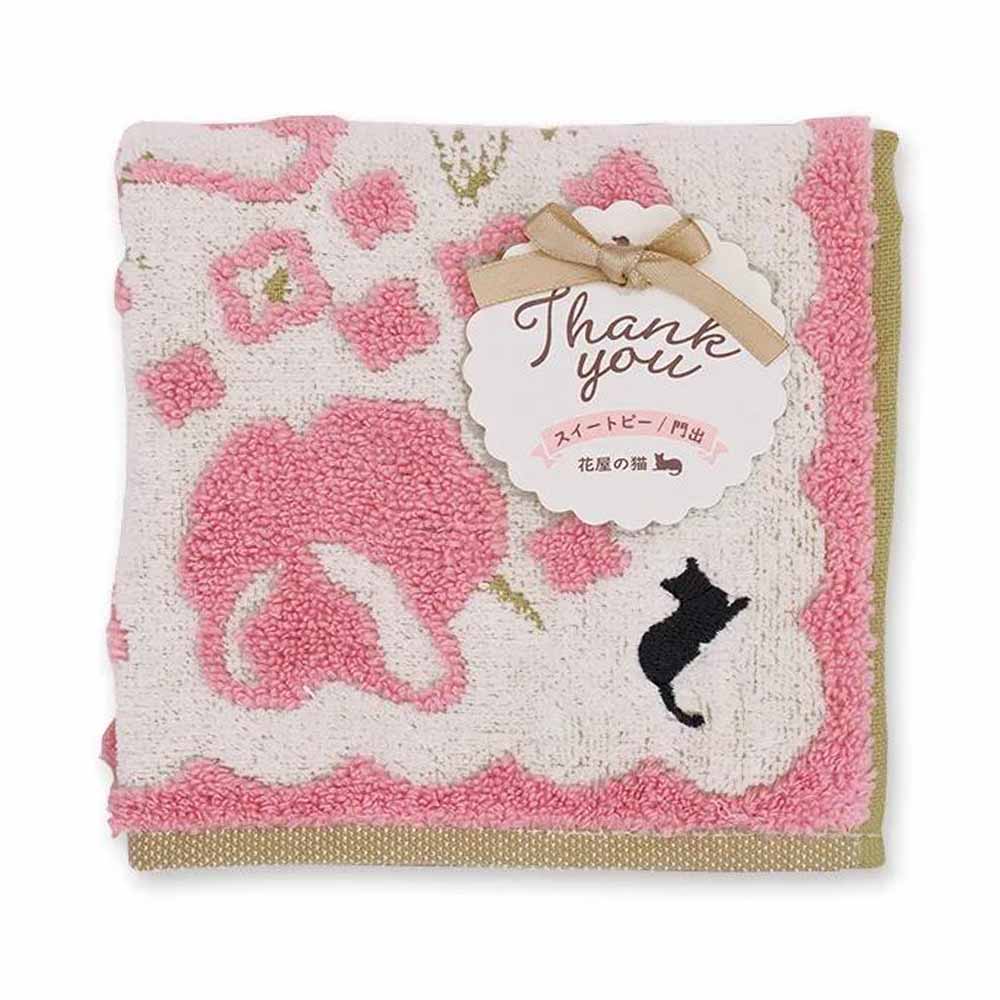 【ハンカチ】ギフトジャガードハンカチ 〜花屋の猫〜 スイートピー( 花言葉:門出)【 花柄 猫刺繍 スイトピー ピンク ハンドタオル タオルハンカチ スチームシャーリング加工 25cm角 レディース 無撚糸 パイル 綿100% かわいい おしゃれ お祝い プチギフト 】