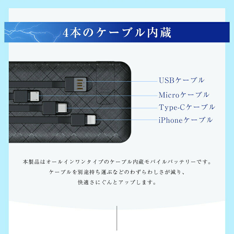 モバイルバッテリー 15000mAh 55.5Wh 大容量 4台同時充電 引き出し式ケーブル スタンド一体型 4WAY パワーバンク USB-A Type-Cケーブル内蔵 急速充電 3入力4出力 iPhone17 iPhoneAir Android対応 機内持込OK 高コスパモデル