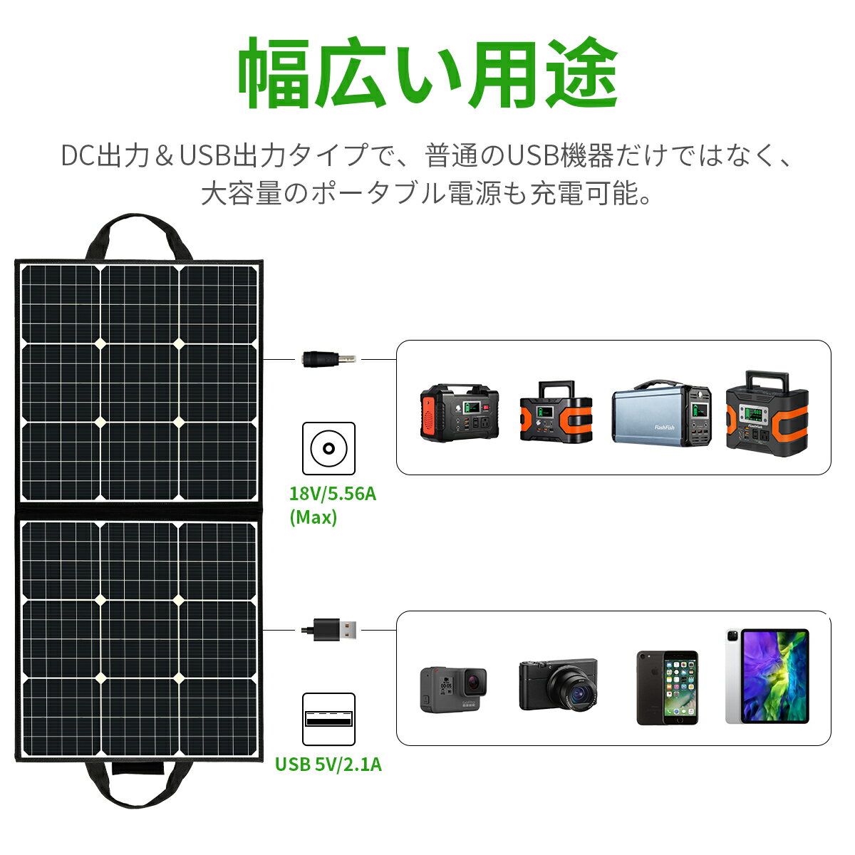FlashFish ソーラーチャージャー 100W ソーラーパネル充電器 折りたたみ式 DC18V USB5V 高変換効率22％ スマホ ノートパソコン ポータブル電源充電器 太陽光パネル
