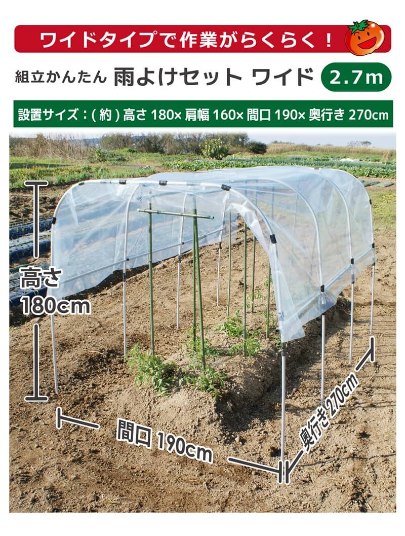 daim 組立かんたん雨よけセットワイド 奥行き 2.7m 雨よけ トマト ナス なす ぶどう 棚 畑 雨除け 透明シート セット ビニール ハウス シート 雨除けシート 風よけ 風除け 鳥よけ 鳥よけシート 野菜 栽培 料無料 2