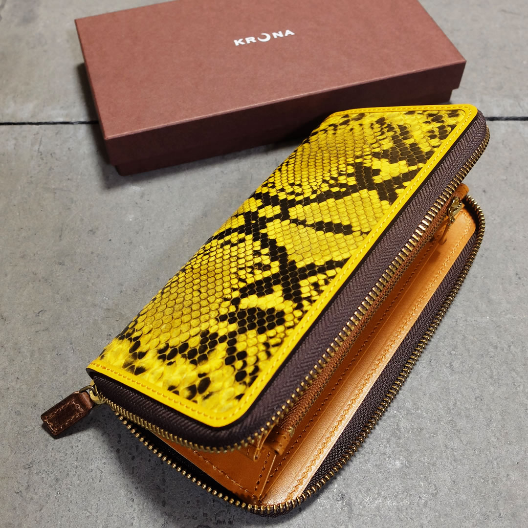 クローナ イタリア製 ダイヤモンド パイソン ラウンドファスナー 長財布 イエローゴールド 日本製 レディース/メンズ パイソン薄型スリムラウンド