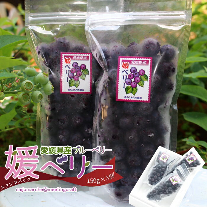 ＜冷凍ブルーベリー(スタンディングパック) 150g×3パック＞※10日営業日以内に出荷します 媛ベリー 果物 くだもの フローズンフルーツ 家庭用 冷凍果実 愛媛県 今治市 森のともだち農園 ジャム ソース スムージー ヨーグルト トッピング 朝食 おやつ 間食 お菓子作り