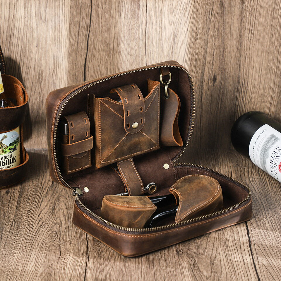 【1-7日!15%OFFクーポン配布中】送料無料 マルチケース スモーキング レザー ポーチ 本革 喫煙具 小物入れ ブラウン パイプポーチ 2本用 牛革 喫煙具 タバコ 大容量多機能 おしゃれ かっこいい メンズ ギフト プレゼント 携帯 喫煙器具