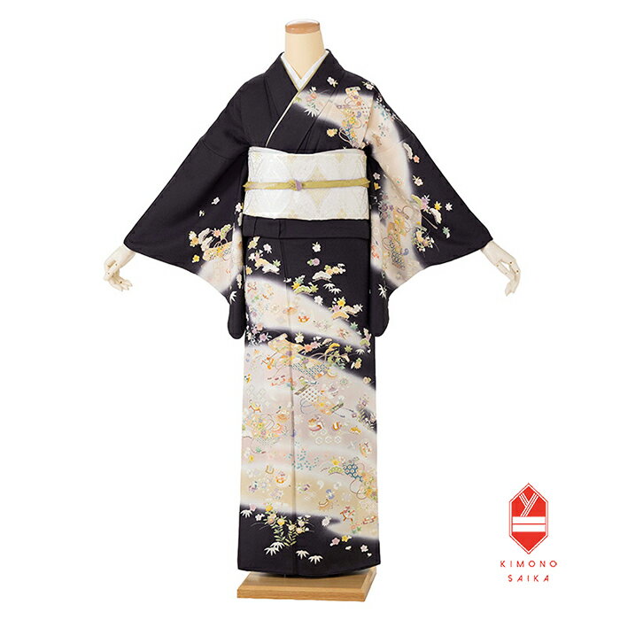 【レンタル】【正絹】訪問着 墨色 藤ぼかし 絵巻に宝尽くし お宮参り 七五三 入学式 卒業式 結婚式 披..