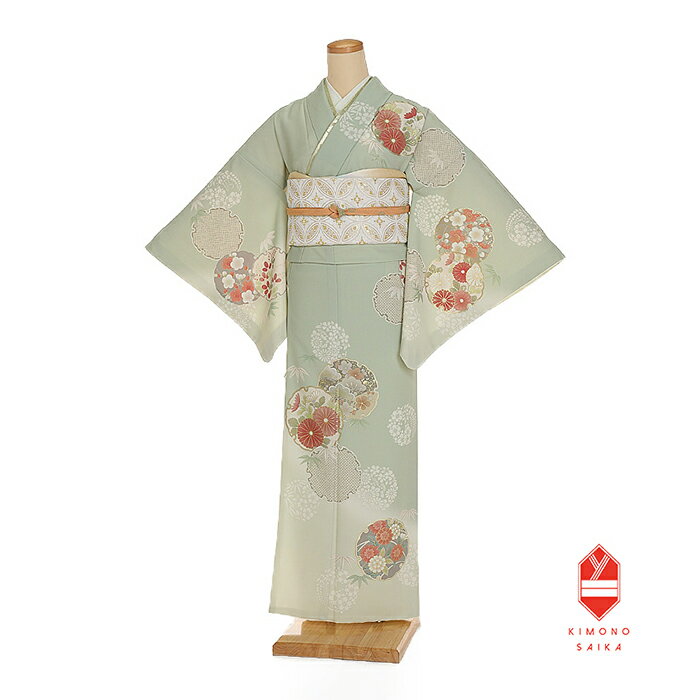 【レンタル】訪問着 6046 ひわ色 黄緑 グリーン 雪輪菊 菊 ジャパンスタイル お宮参り 七五三 入学式 卒業式 結婚式 披露宴 列席 母親 送料無料 付下げ フルセット きもの 20代 30代 40代 50代 最新コーディネイト くすみカラー フォーマル 礼装 正統派 お洒落