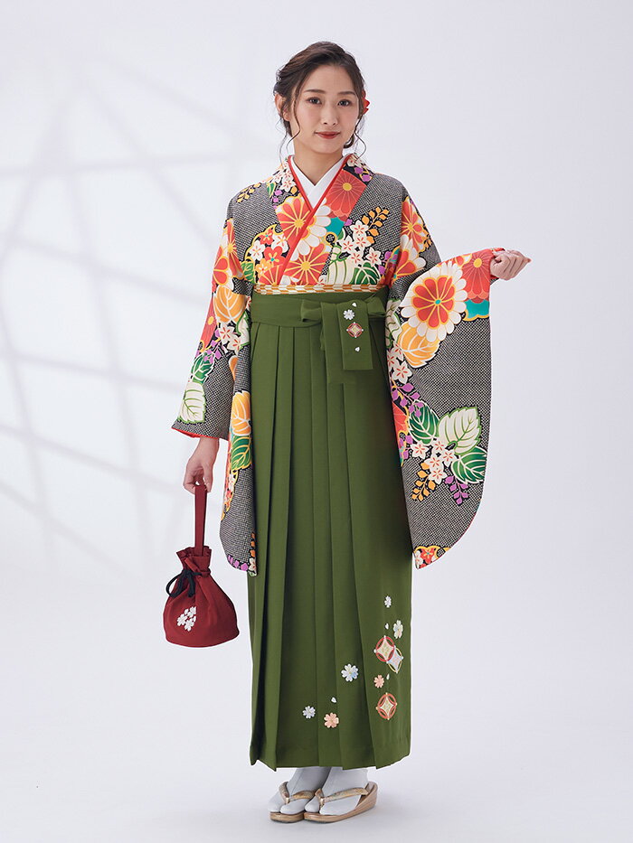 【レンタル】袴 卒業式 女 女性 袴セット フルセット 黒 鹿の子 桐 菊 抹茶 七宝 刺繍 大学生 レトロ モダン はかま 着物セット 卒業式袴レンタル 163cm〜168cm【往復送料無料】B8AG189X hakama はかまレンタル 髪飾り 巾着 165 165cm クール ブーツ 緑 グリーン 人気