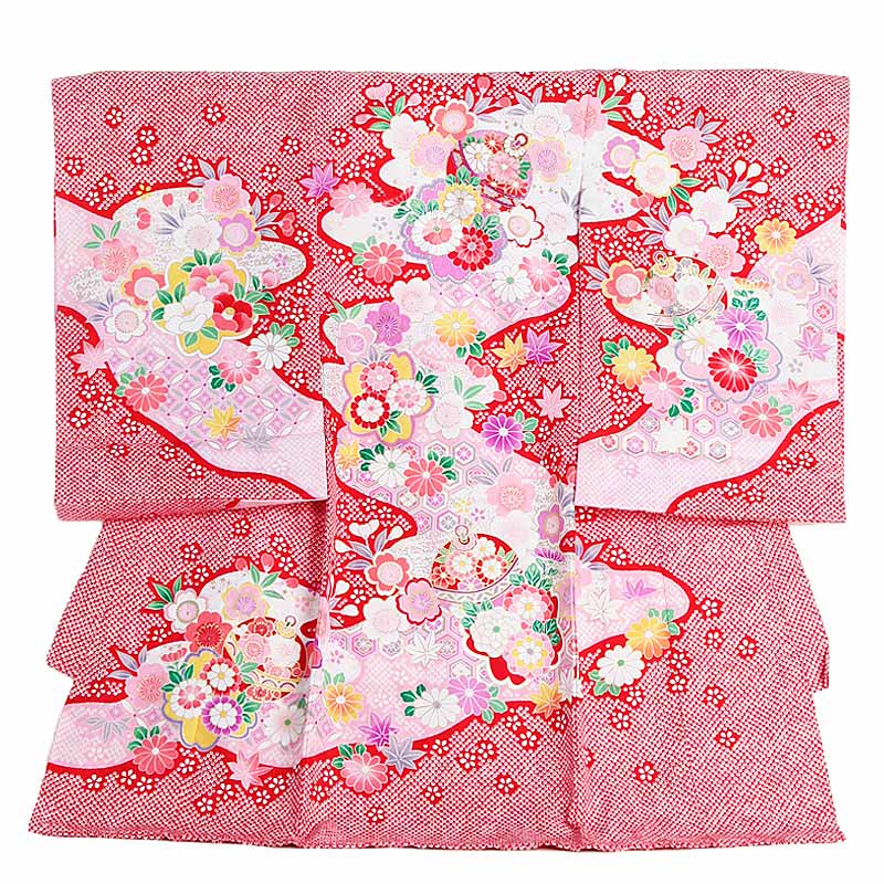 【レンタル】産着 お宮参り　女の子 2001 赤 鹿の子 四季の花と鈴 赤ちゃん 着物 産着レンタル 女児産着 初着 祝い着 送料無料