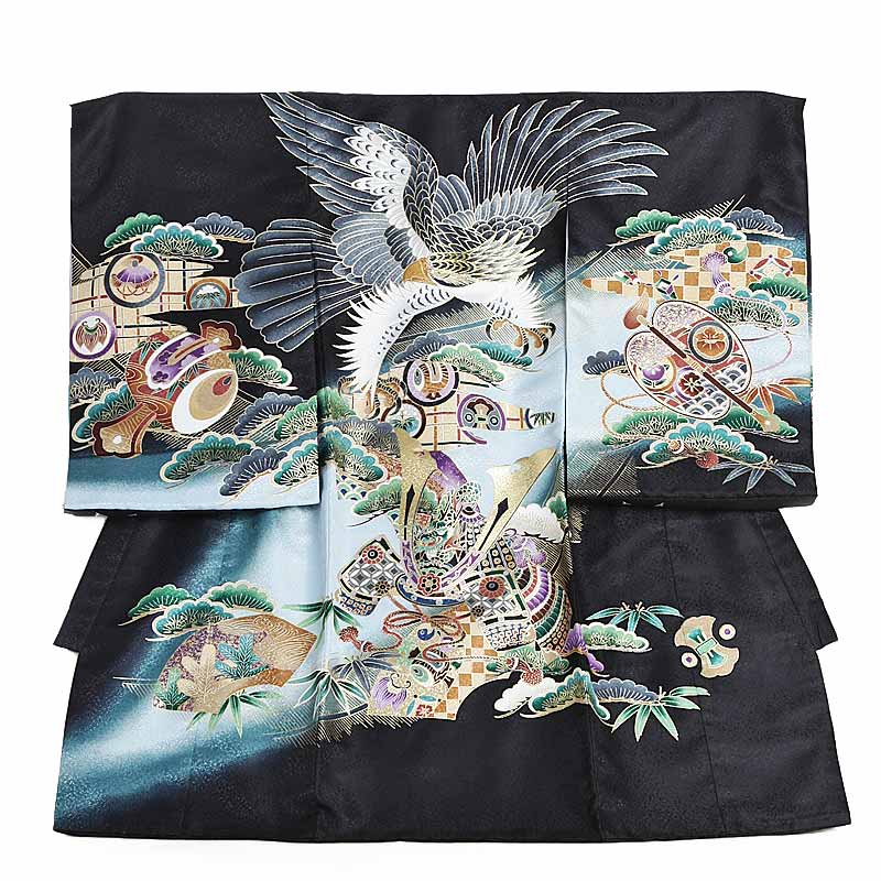 【レンタル】産着 お宮参り 男の子 1001 黒 鷹に兜 赤ちゃん 着物 産着レンタル 男児産着 初着 祝い着 送料無料