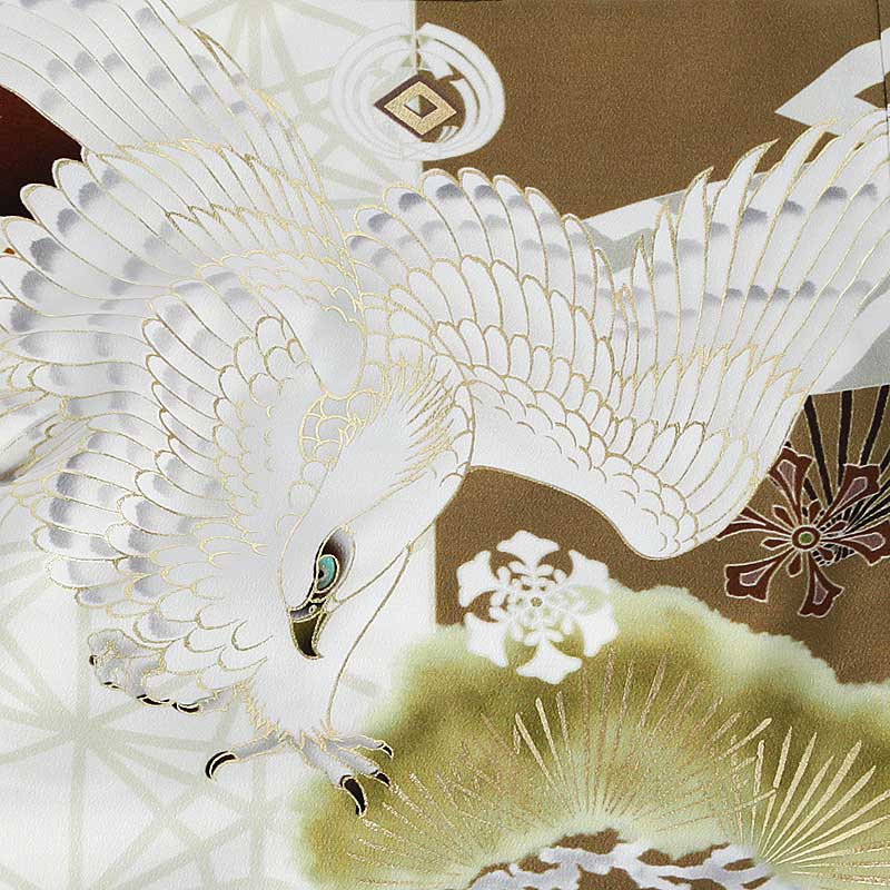 【レンタル】産着 お宮参り 男の子 1034　金茶　鷹に松　ジャパンスタイル　 赤ちゃん 着物 産着レンタル 男児産着 初着 祝い着 送料無料