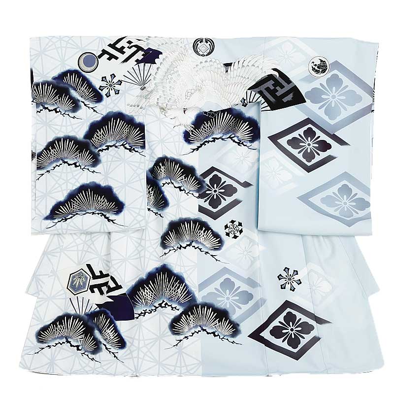 【レンタル】産着 お宮参り 男の子 1035　グレー　鷹に松　ジャパンスタイル　 赤ちゃん 着物 産着レンタル 男児産着 初着 祝い着 送料無料