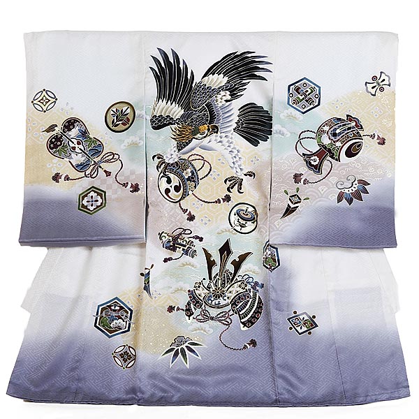 【レンタル】産着 お宮参り 男の子 1038 正絹 白 グレー　鷹 兜 武具 タカ たか かぶと 赤ちゃん 着物 ..