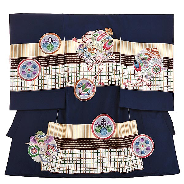 【レンタル】産着 お宮参り 男の子 正絹 紺　小槌　軍配　家紋 よだれかけ 赤ちゃん 着物 産着レンタル 男児産着 初着 祝い着 送料無料 1044