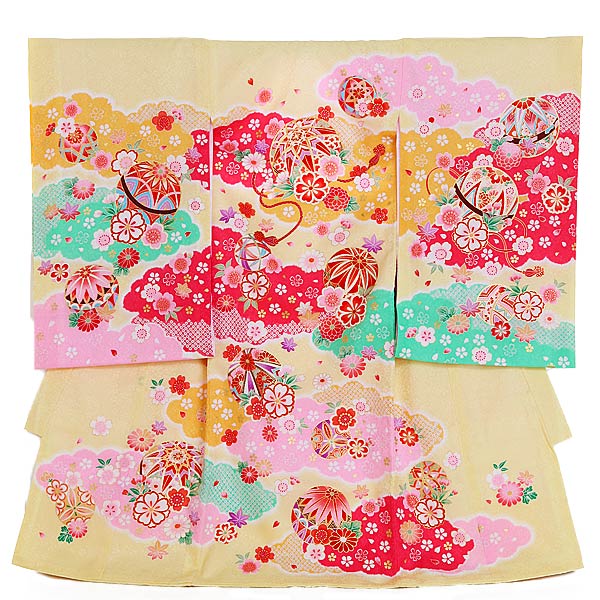 【レンタル】産着 お宮参り 女の子 正絹 黄色 手毬の調べ まり 赤ちゃん 着物 産着レンタル 女児産着 初着 祝い着 よだれかけ 送料無料 2037