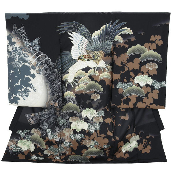 【レンタル】産着 お宮参り 男の子 男 黒 鷹に熨斗 松に桐 赤ちゃん 着物 産着レンタル 男児産着 初着 ..