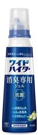 花王 ワイドハイター 消臭専用ジェル グリーンシトラスの香り 本体(570ml) 洗剤・柔軟剤だけでは満足できない人へ＊ 部屋干し臭、汗・皮脂臭、洗濯槽のニオイ、生乾き臭、靴下臭、加齢臭、食べ物臭などの7大悪臭を徹底消臭！ ジェルだから溶けやすい。センイに浸透。 いつもの洗剤にプラス。 毎日のお洗濯で抗菌※も。色柄物もOK。 衣料用消臭剤(漂白剤無配合)。 爽やかなグリーンシトラスの香りつづく。 ＊自社の洗剤・柔軟剤で比較。 ※すべての菌の増殖を抑制するわけではありません。 衣料用消臭剤 使用方法：洗剤と一緒に入れて洗ってください 成　分　：界面活性剤（ポリオキシエチレンアルキルエーテル）、安定化剤、抗菌剤、香料 香り　　：グリーンシトラスの香り 内容量　：570mL 原産国　：日本 メーカー：花王株式会社 広告文責：エルショップ