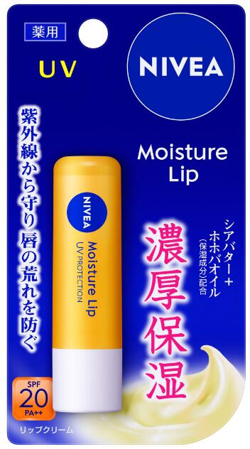 ニベア モイスチャーリップUV 3.9g 〇濃厚保湿の薬用リップクリーム。 〇うるおいを与え、美しい唇を保ちます。 ●自然由来の保湿成分（シアバター・ホホバオイル）配合。なめらかな付け心地で、保湿成分が唇にひろがります。乾燥を防いで、しっとり感を長続きさせます。 ●ビタミンE・グリチルレチン酸ステアリル（有効成分）配合。唇の荒れ・ひび割れを防ぎます。紫外線防止成分配合（SPF20／PA＋＋）【医薬部外品】 ＜成分＞ 酢酸DL-α-トコフェロール＊、グリチルレチン酸ステアリル＊、流動パラフィン、マイクロクリスタリンワックス、ワセリン、パラフィン、パラメトキシケイ皮酸オクチル、飽和脂肪酸グリセリル、ミツロウ、ミリスチン酸ミリスチル、パルミチン酸イソプロピル、ポリエチレン末、高融点マイクロクリスタリンワックス、シア脂、ホホバ油、ラウロイルグルタミン酸ジ（フィトステリル・オクチルドデシル）、フィトステロール、ヘキサデシロキシPGヒドロキシエチルヘキサデカナミド、t-ブチルメトキシジベンゾイルメタン、BHT、香料　＊は「有効成分」無表示は「その他の成分」 内容量　：3.9g 原産国　：日本 メーカー：花王株式会社 広告文責：エルショップ