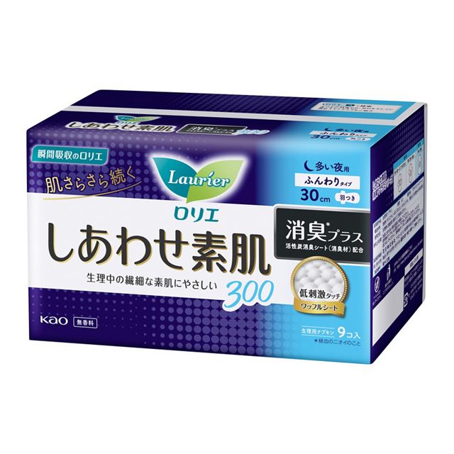 製品説明 製品詳細 〇瞬間吸収のロリエ。生理中の繊細な素肌にやさしいつけ心地。 〇低刺激タッチワッフルシート（従来品の「ふわポコ表面シート」と同一）採用。肌にあたる面を最小限（ロリエ生理用ナプキン内）にし、こすれによるヒリヒリ、ムレによるムズムズを抑えます。 〇ドッと出ても経血を素早く吸い込み、肌さらさら続く。 〇100％通気素材でムレにくく快適（ズレ止めテープ部分除く） 〇活性炭消臭シート（消臭材）で経血のニオイまで消臭 （医薬部外品） 材質 表面材：ポリエチレン・ポリプロピレン・ポリエステル　 色調：白、紫（青色404号を含む）　 使用方法 生理時に適宜取り替えてご使用ください。 使用上の注意 ・お肌に合わない時は医師に相談してください。 ・使用後のナプキンは個別ラップに包んですててください。 ・トイレに流さないでください。 ・使用後のナプキンは専用箱にすててください。 ＜保管上の注意＞ 開封後は、ほこりや虫等が入り込まないよう、衛生的に保管してください。 メーカー 花王株式会社※メーカー側で予告なくデザインを変更する場合がございます。