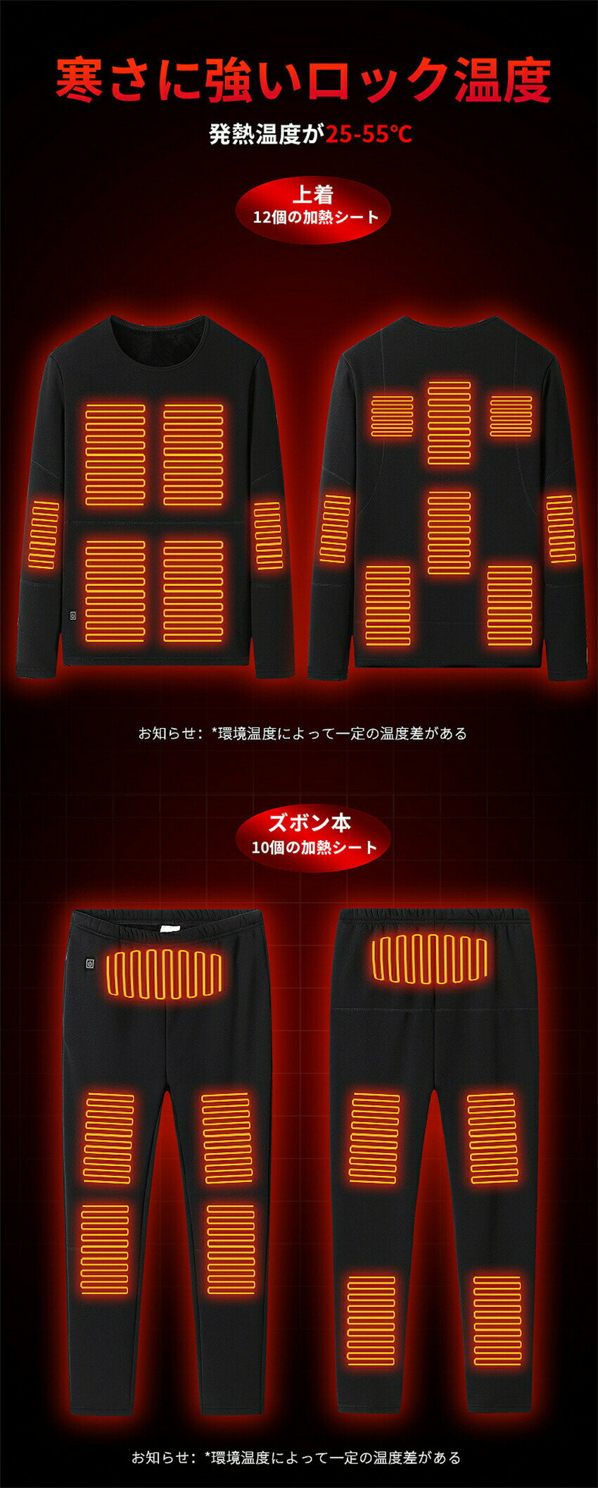 【 ヒーター22個】電熱インナー 上下セット 22箇所発熱 日本製ヒーター ウェア メンズ レディース ヒーター付き 防寒着 ヒートインナー 発熱シャツ 電熱パンツ 電熱ウェア インナーパンツ 防寒着 母の日父の日敬老の日 ギフト＼送料無料／