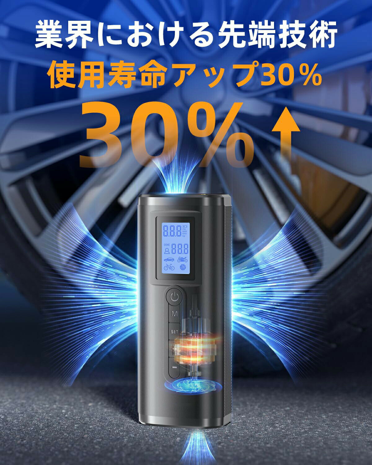 電動 空気入れ 車 電動エアポンプ 携帯式 エアコンプレッサー タイヤ ボール 浮き輪対応 充電式 くうきいれ 最大150PSI 空気圧指定可 自動停止 ノズル付き 英米仏式バルブ対応 コンパクト 携帯便利 4000mAh大容量バッテリー搭載 USB LEDライト機能