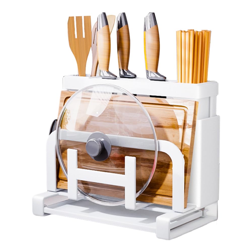 OUXEE まな板スタンド 包丁立て 鍋蓋スタンド お箸立て - 多機能キッチン用収納ラック 水切りトレイ付 ..