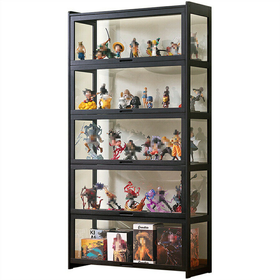 大きい 透明 人形ケース 防塵性 おもちゃラック ブラック 竹枠 アクリル フリップトップ収納キャビネッ..