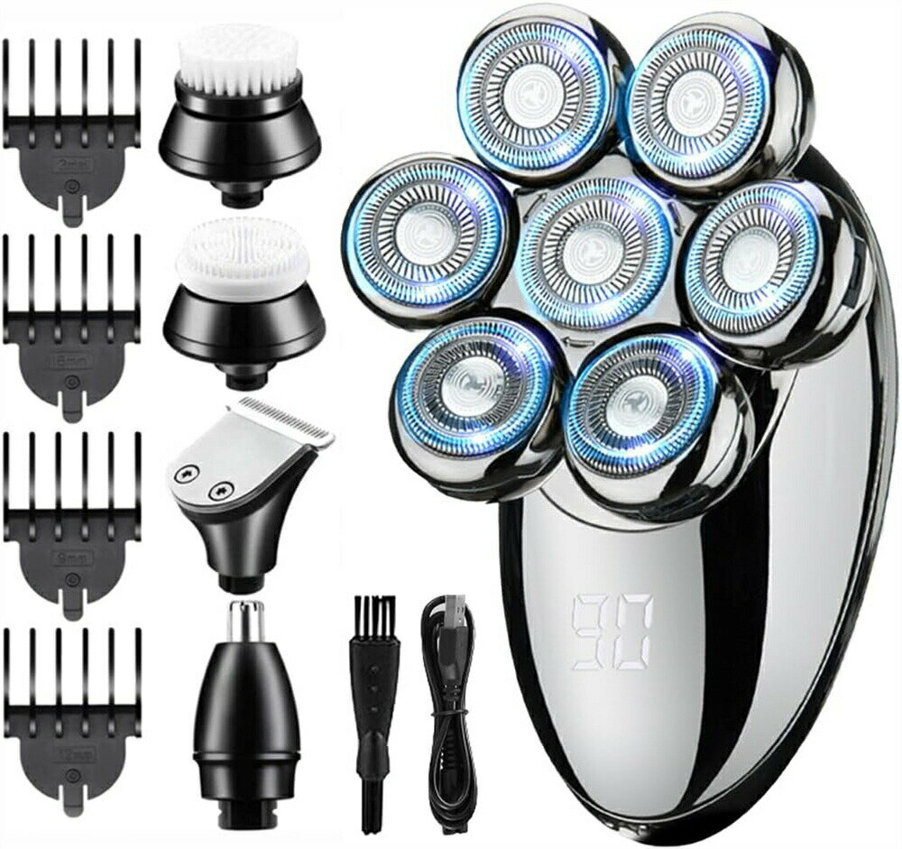 スキンヘッド用 電動シェーバー メンズ 5-in-1 回転式髭剃り usb充電式 LEDディスプレイ表示 防水 乾湿両用 男性 ロータリーシェーバー 電気カミソ...