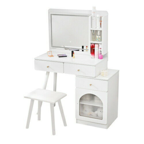 ドレッサー LEDミラー 化粧台 2点セット 鏡台 スツール付き 引き出し付き オーポン棚 無段階調節 コン..