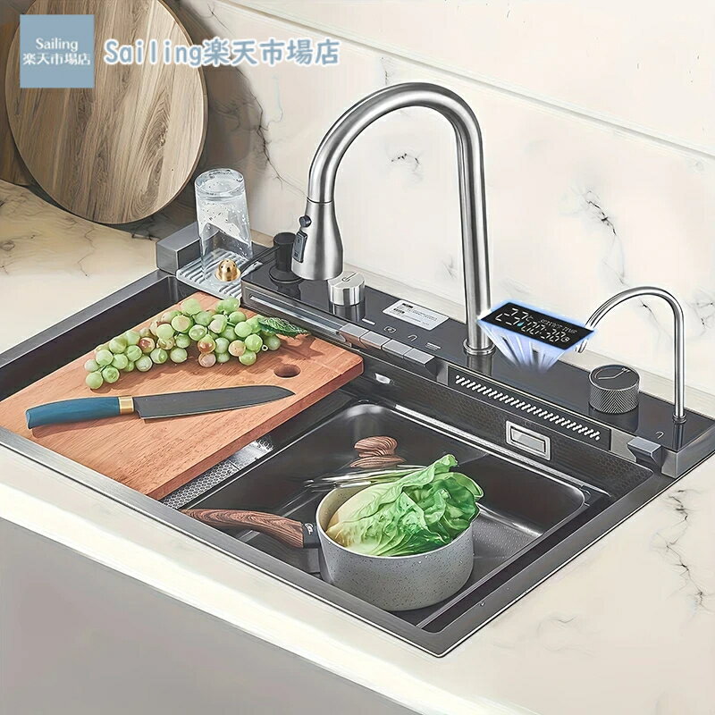 キチン流し台 モダンで豪華なスマートキッチンシンク – 3つのスプレーモードを備えた引き出し式蛇口、カップウォッシャー、ソープディスペンサー、 黒色 油対策 耐摩耗 厚手 台所 ゴミ受けLEDムードライト