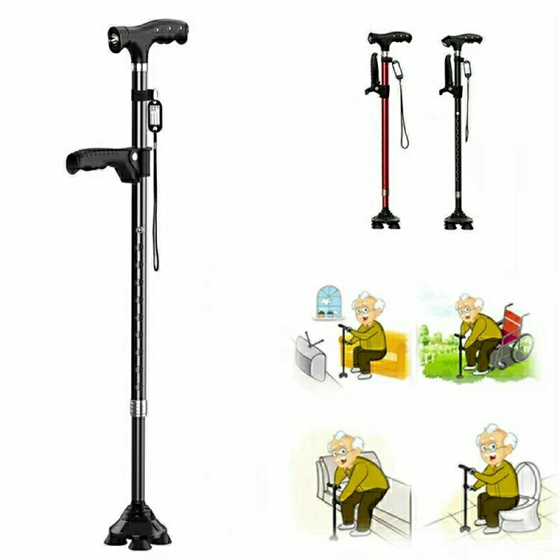ステッキ 杖 倒れない 自立式4点杖 男女兼用 クレバーケーン伸縮式 軽量 アルミ製 補助ハンドル付き 高..