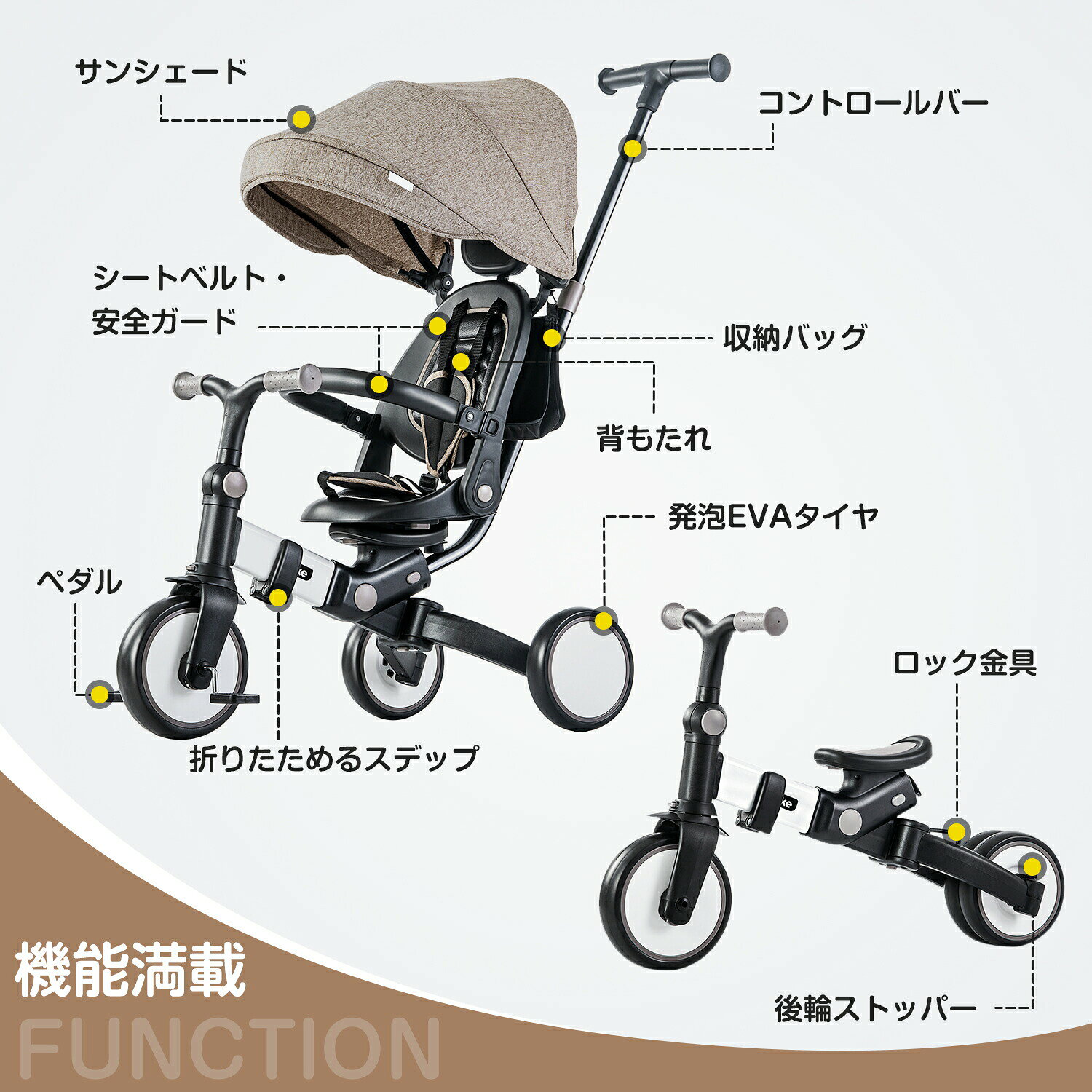Sailing楽天市場店の子供用三輪車 折りたたみ 手押し かじとり 7in1 7WAY 1歳 2歳 3歳 ランニングバイク 座面回転 自転車 おもちゃ 乗用玩具 幼児用 キッズバイク おしゃれ クリスマス 誕生日 プレゼント おもちゃ お祝い ギフト｜アングル3