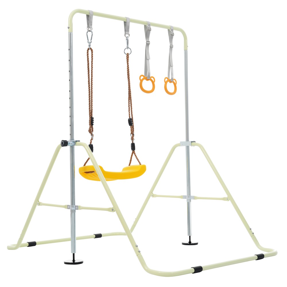 【折りたたみ可能】使わない時はスリムに折りたたむことができ、場所をとりません。組立て、折りたたみもさっとカンタンにできます。【1台で3つの遊びが楽しめる】鉄棒+ブランコ+吊り輪：鉄棒として使用するだけでなく、ブランコ、吊り輪などの付属品を追加して、より多彩な遊び方を実現。使用しないときは物干しとしても活用でき、多機能性に優れています。【たのしさポイント】 【季節や天候を気にせずに楽しくおうちで遊びながら運動!】 01 ひとり乗りのブランコとしてお楽しみいただけます。 02 ブランコを外せば鉄棒に早変わり。前まわりも逆上がりも、おうちで楽しく練習できます。 03 バスケットゴ一ルを取付けて、ボ一ル遊びがお楽しみいただけます。【インテリアにも馴染みます】やさしい色づかいとかわいいデザインは、そのままおいてもお部屋の雰囲気に合わせやすく、子ども部屋やリビングのお部屋にも馴染んでくれます。【やさしさポイント】01：ブランコ装着時、安全にあそぶために、チェ一ンと支柱の間隔を広めに空けています。02：5段階高さ調節：お子様の成長などに合わせて、高さを5段階に調節できます。03：床の傷つきを守る！ベ一スパイプにゴムのカバが四か所ついており、しっかりと鉄棒を固定し、床の傷、ズレの軽減になります。【安全さポイント】 1 三角形安定構造 ベースの幅が広くて大きくて、滑り止めもママにも安心！ 2 滑り止め ベ一スパイプ各四ケ所にはゴムの滑り止めがついており、しっかりと鉄棒を固定します。 3 微調整が可能です アジャスタ一で微調節が可能で、ガタつきがある場所での使用も安心!【折りたたみ可能】使わない時はスリムに折りたたむことができ、場所をとりません。組立て、折りたたみもさっとカンタンにできます。【1台で3つの遊びが楽しめる】鉄棒+ブランコ+吊り輪：鉄棒として使用するだけでなく、ブランコ、吊り輪などの付属品を追加して、より多彩な遊び方を実現。使用しないときは物干しとしても活用でき、多機能性に優れています。【たのしさポイント】 【季節や天候を気にせずに楽しくおうちで遊びながら運動!】 01 ひとり乗りのブランコとしてお楽しみいただけます。 02 ブランコを外せば鉄棒に早変わり。前まわりも逆上がりも、おうちで楽しく練習できます。 03 バスケットゴ一ルを取付けて、ボ一ル遊びがお楽しみいただけます。【インテリアにも馴染みます】やさしい色づかいとかわいいデザインは、そのままおいてもお部屋の雰囲気に合わせやすく、子ども部屋やリビングのお部屋にも馴染んでくれます。【やさしさポイント】01：ブランコ装着時、安全にあそぶために、チェ一ンと支柱の間隔を広めに空けています。02：5段階高さ調節：お子様の成長などに合わせて、高さを5段階に調節できます。03：床の傷つきを守る！ベ一スパイプにゴムのカバが四か所ついており、しっかりと鉄棒を固定し、床の傷、ズレの軽減になります。【安全さポイント】 1 三角形安定構造 ベースの幅が広くて大きくて、滑り止めもママにも安心！ 2 滑り止め ベ一スパイプ各四ケ所にはゴムの滑り止めがついており、しっかりと鉄棒を固定します。 3 微調整が可能です アジャスタ一で微調節が可能で、ガタつきがある場所での使用も安心!