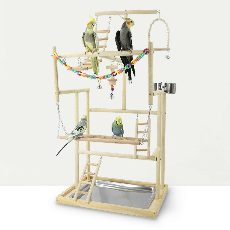 【3層設計】インコ 大型 バードアスレチック スタンド 遊び場 止まり木 スイング ラダー ベル付き 食器 水飲み 鳥の巣 セキセイインコ 文鳥 安全 天然木 組み立て簡単 ケージ外 運動