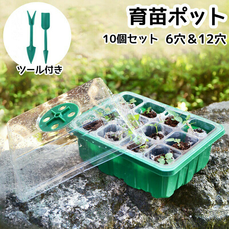 乐天商城 - 育苗ポット 育苗トレイ 育苗箱 6穴 12穴 10個セット 種子トレイ 種まきハウス 苗箱 グリーン 発芽 育苗セット 透明カバー 便利性 耐久性 通気性 種まきポット 10個セット 育成 野菜 植物 家庭菜園 水やり ハウス 透明