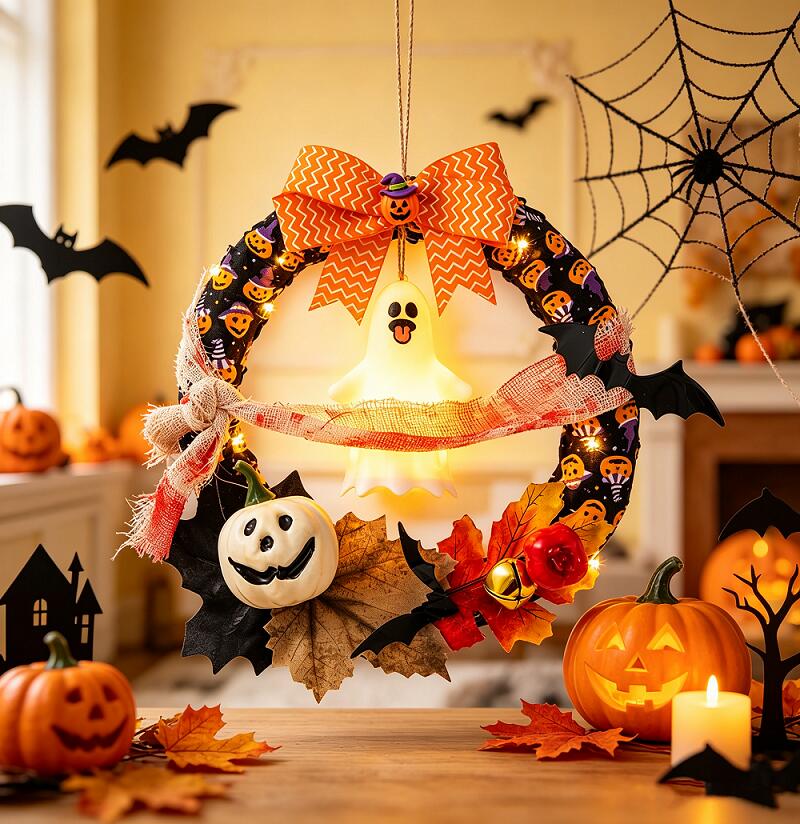 商品情報ハロウィンリース かぼちゃやかかしなどのハロウィンモチーフを取り入れた、秋らしい雰囲気のハロウィンリースです。季節感のあるカラーと遊び心のあるデザインで、玄関やお部屋をハロウィン仕様に演出します。 玄関ドアや壁面に吊り下げるだけで、手軽に季節の模様替えを楽しめます。商品特徴【ハロウィンらしい季節感】 かぼちゃやかかしなどのハロウィンモチーフを取り入れたデザイン。秋らしい色合いと遊び心のある装飾が、玄関やお部屋に季節感をプラスします。ハロウィン飾りとして、秋のインテリアにも取り入れやすいアイテムです。 【玄関を彩るドアリース】 幅約25cm×長さ約35cmの程よいサイズで、玄関ドアや壁面のアクセントとして飾りやすい仕様です。ドア飾りや壁掛け飾りとして使用することで、玄関まわりを手軽にハロウィンらしく演出できます。 【異素材を組み合わせた立体感】 藤のリースをベースに、麻布やプラスチック素材の装飾パーツを組み合わせています。それぞれの素材感を生かした立体的な仕上がりで、秋のリースやハロウィンデコレーションとして季節のインテリアに合わせやすいデザインです。 【さまざまな場所に飾れる】 玄関、リビング、室内の壁面、店舗、パーティー会場など、さまざまな場所のハロウィン装飾に活用できます。室内の壁掛けはもちろん、雨風が直接当たりにくい軒下などでも季節のディスプレイとしてお楽しみいただけます。 【季節のイベントを手軽に演出】 ハロウィンパーティーやイベント、店舗ディスプレイなどにも取り入れやすく、ほかのハロウィン飾りと組み合わせたコーディネートにもおすすめです。吊り下げるだけで、いつもの空間を秋らしい雰囲気にアレンジできます。商品仕様商品タイプ：ハロウィンリース サイズ：約幅25cm×長さ35cm ベース素材：藤 装飾素材：麻布、プラスチック 用途：ハロウィン装飾、秋の季節装飾、壁掛け飾り、ドア飾り使用シーン玄関ドア、玄関まわり、リビング、室内の壁面、店舗、パーティー会場、イベントスペース、軒下、秋の季節ディスプレイ、ハロウィンパーティーなど使用上の注意本商品は装飾用のリースです。本来の用途以外には使用しないでください。 屋外で使用する場合は、雨風が直接当たりにくい軒下などに設置してください。強風や悪天候時には取り外して保管することをおすすめします。 天然素材を使用しているため、色合いや形状、質感には個体差が生じる場合があります。 サイズは測定方法により多少の誤差が生じる場合があります。 モニター環境や照明条件により、実際の商品と画像の色合いが多少異なって見える場合があります。 小さな装飾パーツを含む場合があります。小さなお子様が使用する際は、保護者の目の届く場所でお取り扱いください。 商品到着後、状態や使用方法などについて気になる点がございましたら、お気軽に販売店までお問い合わせください。関連キーワードハロウィンリース ハロウィン リース 玄関リース ドアリース ハロウィン飾り 玄関飾り ドア飾り 壁掛け飾り ハロウィーン飾り 秋リース 秋飾り ハロウィンデコレーション かぼちゃ カボチャ かかし 藤リース 麻布 プラスチック ハロウィン装飾 屋外装飾 軒下 店舗ディスプレイ パーティー装飾 季節のインテリア商品情報ハロウィンリース かぼちゃやかかしなどのハロウィンモチーフを取り入れた、秋らしい雰囲気のハロウィンリースです。季節感のあるカラーと遊び心のあるデザインで、玄関やお部屋をハロウィン仕様に演出します。 玄関ドアや壁面に吊り下げるだけで、手軽に季節の模様替えを楽しめます。商品特徴【ハロウィンらしい季節感】 かぼちゃやかかしなどのハロウィンモチーフを取り入れたデザイン。秋らしい色合いと遊び心のある装飾が、玄関やお部屋に季節感をプラスします。ハロウィン飾りとして、秋のインテリアにも取り入れやすいアイテムです。 【玄関を彩るドアリース】 幅約25cm×長さ約35cmの程よいサイズで、玄関ドアや壁面のアクセントとして飾りやすい仕様です。ドア飾りや壁掛け飾りとして使用することで、玄関まわりを手軽にハロウィンらしく演出できます。 【異素材を組み合わせた立体感】 藤のリースをベースに、麻布やプラスチック素材の装飾パーツを組み合わせています。それぞれの素材感を生かした立体的な仕上がりで、秋のリースやハロウィンデコレーションとして季節のインテリアに合わせやすいデザインです。 【さまざまな場所に飾れる】 玄関、リビング、室内の壁面、店舗、パーティー会場など、さまざまな場所のハロウィン装飾に活用できます。室内の壁掛けはもちろん、雨風が直接当たりにくい軒下などでも季節のディスプレイとしてお楽しみいただけます。 【季節のイベントを手軽に演出】 ハロウィンパーティーやイベント、店舗ディスプレイなどにも取り入れやすく、ほかのハロウィン飾りと組み合わせたコーディネートにもおすすめです。吊り下げるだけで、いつもの空間を秋らしい雰囲気にアレンジできます。商品仕様商品タイプ：ハロウィンリース サイズ：約幅25cm×長さ35cm ベース素材：藤 装飾素材：麻布、プラスチック 用途：ハロウィン装飾、秋の季節装飾、壁掛け飾り、ドア飾り使用シーン玄関ドア、玄関まわり、リビング、室内の壁面、店舗、パーティー会場、イベントスペース、軒下、秋の季節ディスプレイ、ハロウィンパーティーなど使用上の注意本商品は装飾用のリースです。本来の用途以外には使用しないでください。 屋外で使用する場合は、雨風が直接当たりにくい軒下などに設置してください。強風や悪天候時には取り外して保管することをおすすめします。 天然素材を使用しているため、色合いや形状、質感には個体差が生じる場合があります。 サイズは測定方法により多少の誤差が生じる場合があります。 モニター環境や照明条件により、実際の商品と画像の色合いが多少異なって見える場合があります。 小さな装飾パーツを含む場合があります。小さなお子様が使用する際は、保護者の目の届く場所でお取り扱いください。 商品到着後、状態や使用方法などについて気になる点がございましたら、お気軽に販売店までお問い合わせください。関連キーワードハロウィンリース ハロウィン リース 玄関リース ドアリース ハロウィン飾り 玄関飾り ドア飾り 壁掛け飾り ハロウィーン飾り 秋リース 秋飾り ハロウィンデコレーション かぼちゃ カボチャ かかし 藤リース 麻布 プラスチック ハロウィン装飾 屋外装飾 軒下 店舗ディスプレイ パーティー装飾 季節のインテリア