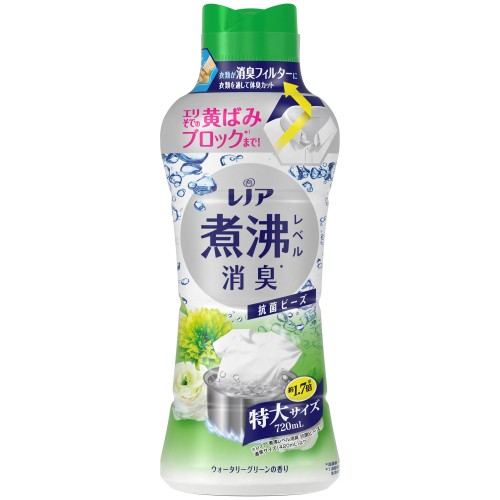 いつもの洗剤・柔軟剤に加えるだけで、煮沸レベルの消臭力＋洗濯槽の防カビ効果！ 抗菌ビーズなら、洗濯した衣類がまるで「消臭フィルター」に！着用中に服を通して汗臭・体臭をカットするから、汗をかいた後も外にニオイが広がらない！ 抗菌ビーズは、洗濯前に洗濯槽に直接入れるだけ！縦式・ドラム式洗濯機のどちらでも使用できます 冷たい水やスピードコースでもしっかり溶けます いろいろな柔軟剤とも香りの相性バツグン