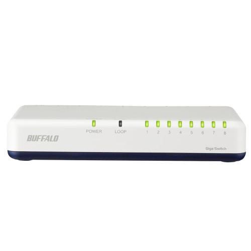 Giga対応ポート×81000Mbps(規格値)の高速転送に対応した、8ポート搭載のスイッチングハブです。パソコン/プリンター/テレビ/ゲーム機など複数の機器をまとめて接続できます。 すっきり設置丸みのあるコンパクトなプラスチック筐体を採用。LANポートと電源端子が背面にまとまっているので、見た目もすっきり設置できます。 壁掛け設置にも対応底面に壁掛け用の穴が空いているので、別途ネジをご用意いただくことで壁掛け設置にも対応可能です。 ループ発生をLEDでおしらせ原因の特定が難しいネットワークループをLEDでお知らせ。万が一のネットワーク障害からの復旧を早めることができます。 主な付属品ACアダプター、ゴム足、取扱説明書(保証書)