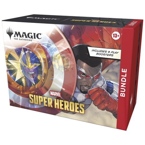 (C)2026 MARVEL / TM (C) 2026 Wizards of the Coast LLC マーベル・ユニバースが、ついに本格参戦!コミックから戦場へ、最強のヒーローとヴィランが集結!世界の命運を握る戦いが、今ここに始まる。お気に入りのヒーローやヴィランで夢のチームを編成し、彼らを象徴する装備品でパワーアップさせ、その卓越した能力で戦場を揺るがせろ! Bundleは、マジックの熱心なファンや新規プレイヤーへの最高の贈り物です。プレイヤーがコレクションを始めるのに最適なものが一通り揃っており、このセットをテーマにした大型のスピンダウン・ライフカウンターも同梱されています。 『マジック:ザ・ギャザリング / マーベル スーパー・ヒーローズ』プレイ・ブースター9パック、フォイル仕様の別イラスト版プロモカード フォイル仕様の基本土地 15枚、非フォイル仕様の基本土地 15枚、大型スピンダウン・ライフカウンター、カード整理用ボックス、早見表カード 2枚