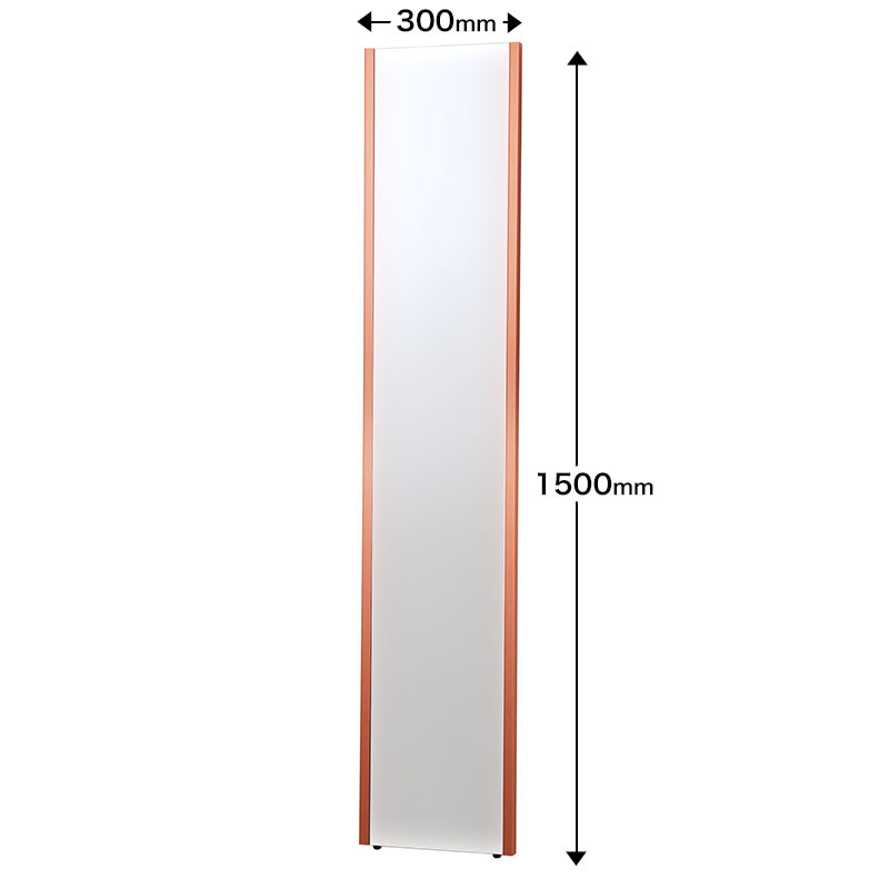 商品特長 明るい、割れない、超軽量。数多くのメリットを持つ、リフェクス。 超高透明な高性能フィルムが採用されているため、従来の鏡よりもくっきり＆自然な色に映るので姿見に最適です！ 軽さはガラス鏡の約1/6の超軽量なため、壁への吊り下げはもちろん、天井貼りも軽量鉄骨鉄骨下地に直接ビス止めするだけで簡単に施工ができます。また多角形、変形、穴あけなどの特殊効果も可能なため、使用用途は様々です。 軽量で落下の危険も軽減される上に強い衝撃を受けても破片が飛散しないため、『割れない姿見』として注目されており、学校やスポーツ施設などでも多く活用されています。 商品仕様 商品コード NRM002R 商品名 割れないリフェクスミラー 鏡面寸法（mm） 縦×横×厚み 1500×300×21.5 材質 表面：ポリエステルフィルム フレーム：アルミニウム、他 芯材：硬質ポリウレタン 飾り縁：アルミニウム 重量 約1.8kg 塗装有無 ロゼ（レッド） ※お客様のPC、スマートフォン環境により、画面上の色と商品の色味や質感が実際とは若干異なる場合がございます。ご了承ください。 使用箇所 内装のみ 付属品 S字金具×2 吊り下げ用チェーン 両面テープ×2 お手入れ専用クロス 床置用すべり止めゴム付 お支払方法 銀行振込／クレジットカード決済／後払い 送料 販売価格は1枚あたり送料2,200円を含んでおります。 ※本品は「1回のお買い上げ代金合計が22,000円以上で送料無料」特典の対象外です。 ご注文時の注意 受注生産品ため、ご注文受付及びお支払決済確認してからお作りしますので、 お支払決済確認日から発送まで15営業日ほどお時間をいただきます。 ご了承ください。 良品の返品、交換、キャンセル等は原則としてご容赦ください。 鋭利なものでいたずらされる可能性のある所、直射日光の当たる所、湿気の多い所での使用はお避け下さい。 運搬時は鏡面をキズつけないよう十分注意してください。 保管時は平積みを避け、鏡面同士を合わせて保管してください。 軽い汚れは製品同送の専用クリーナークロスでソフトに汚れを拭き取ってください。