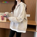 パーカー レディース おしゃれ 薄手 長袖 無地 大きいサイズ ゆったり スウェット フェイクレイヤード サイドスリット カジュアル トップス フード付き tシ...
