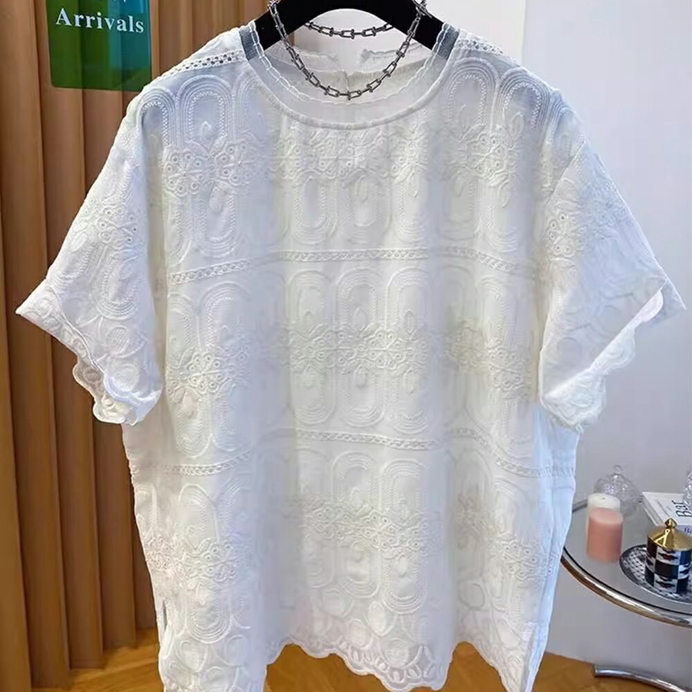 Rakuten - tシャツ レディース 半袖 ゆったり 大きいサイズ おしゃれ ショート丈 ラウンドネック レース かわいい カジュアル tシャツ 半袖tシャツ