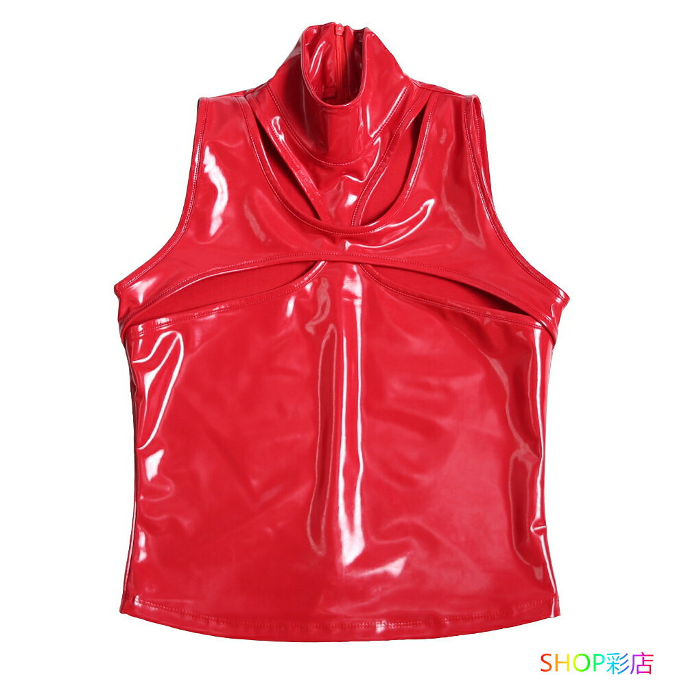 【受注生産・7-15営業日発送】 タンクトップ レディース レザー風 光沢 エナメル セクシー 穴あき オープンバスト ボンデージ ボディコン セクシーランジェ...