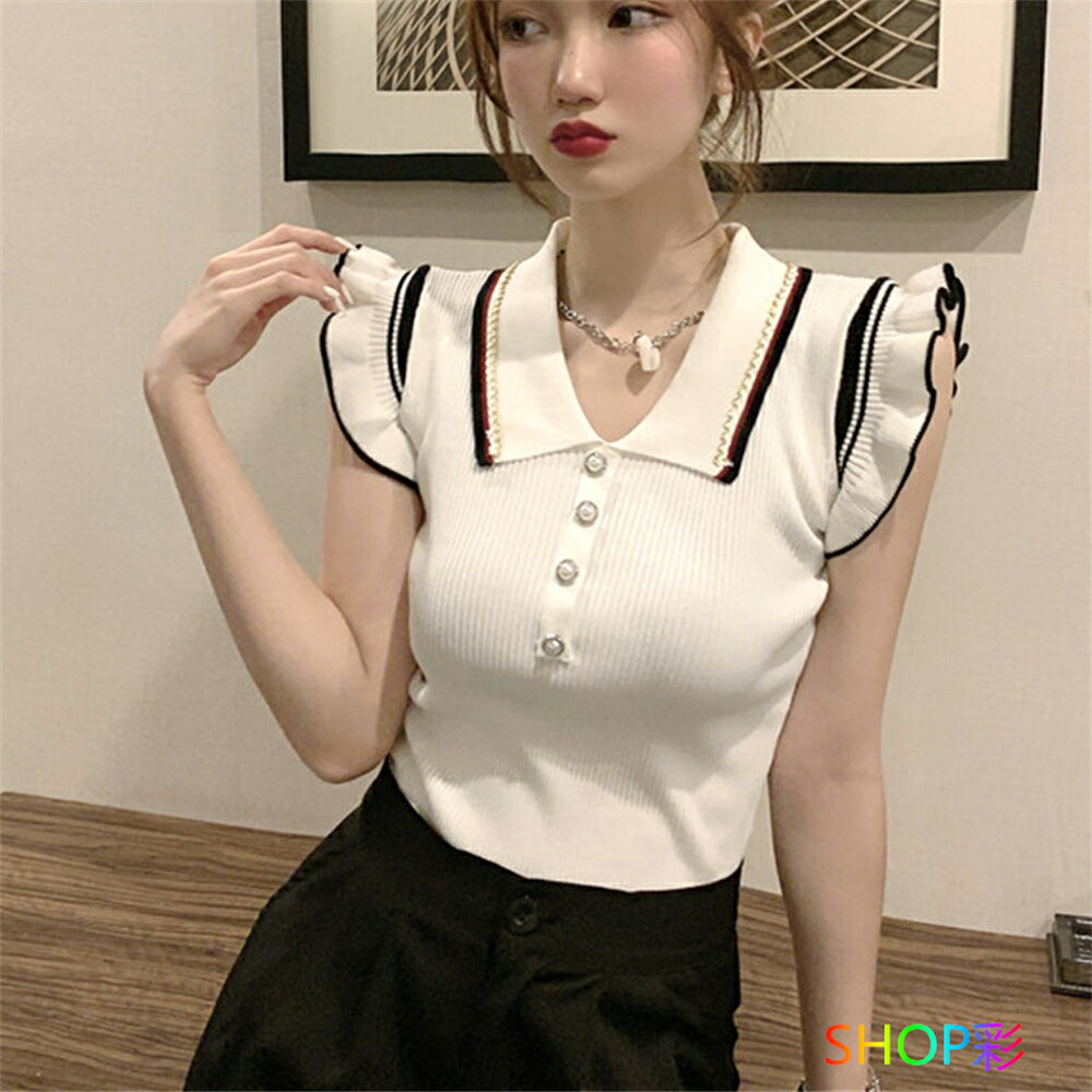 乐天商城 - ショート丈 ニット トップス 可愛い レディース 襟付き サマーニット 春夏 夏 秋 薄地 ニットtシャツ ライン 細身 フィット ショートニット ニットプルオーバー カジュアル ハーフボタン フレア袖 大人可愛い シンプル