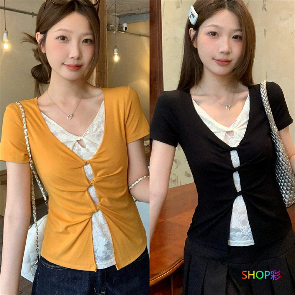 【スーパーSALE対象!通常:2390円→SALE:2151円】 半袖Tシャツ Vネック 可愛い レディース フェイクレイヤード 細身 ティーシャツ スリム ティシャツ スリム おしゃれ レース トップス Tシャツ カットソー 半袖 オフィスカジュアル 半袖 tシャツ フィット感 春夏 夏 秋