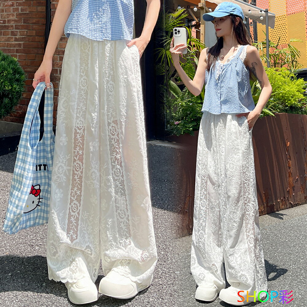 乐天商城 - ワイドパンツ レース かわいい レディース ペチコート パンツ ペチパンツ レース ロング 涼しい レースパンツ シアーパンツ ウエストゴム レース イージーパンツ 裏地付き ポケット付き 透け感 パンツ ストレート きれいめ 上品