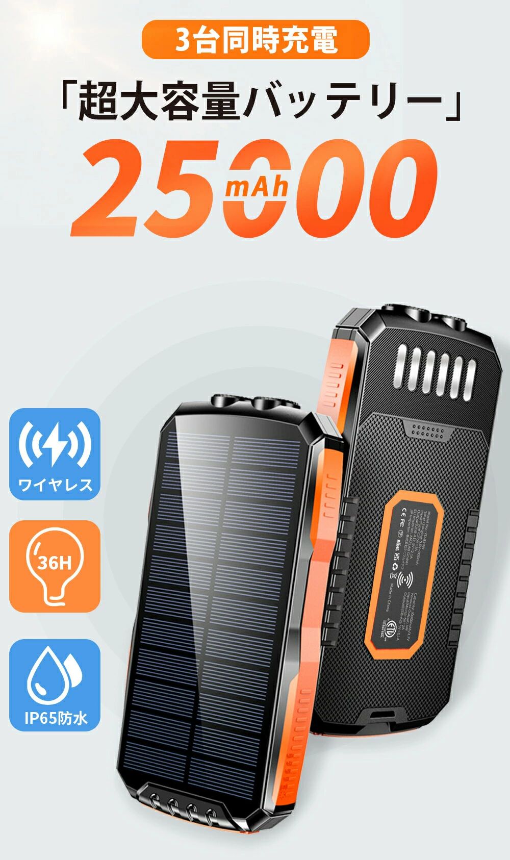 【PSE認証済】3台同時充電 3WAY充電 スマホ充電器 ソーラー モバイルバッテリー 25000mAh 大容量 15W 急速充電 type-c タイプc対応 ソーラー バッテリー 高品質 便利 軽量 台風 地震 旅行 出張 緊急停電対策 SOSモード LEDライト付【防災士推薦】 saisbi-10002603 日用品さい サンプル画像2