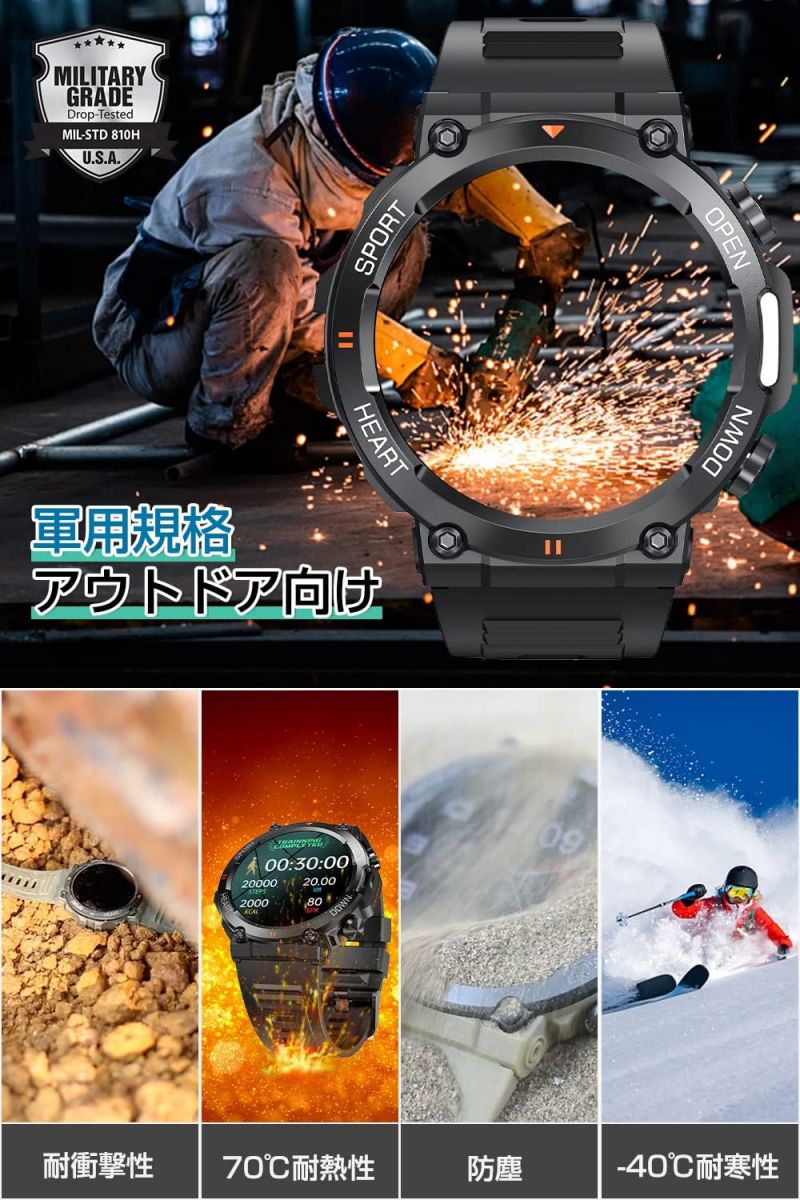 日用品さいの軍用モデル スマートウォッチ 1.39インチ 通話機能付き 健康管理 丸型 運動距離 睡眠モニタリング 100種類運動モード 280種類文字盤 天気予報アラーム Bluetooth5.0 400mAhバッテリーiphone android対応 翌日メンズ レディース 父の日 ギフトプレゼント｜アングル2