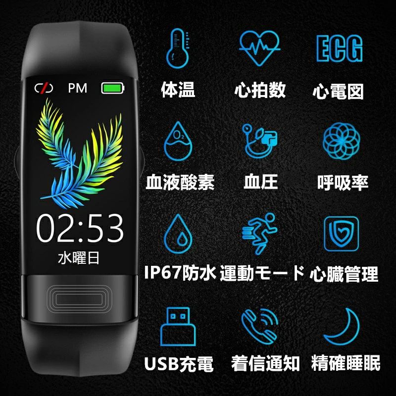 スマートウォッチ PPG+ECG心電図 24時間体温 心拍 血圧 夜間血中酸素 睡眠 男女兼用 中高年 音楽制御 Line通知iphone&Android対応