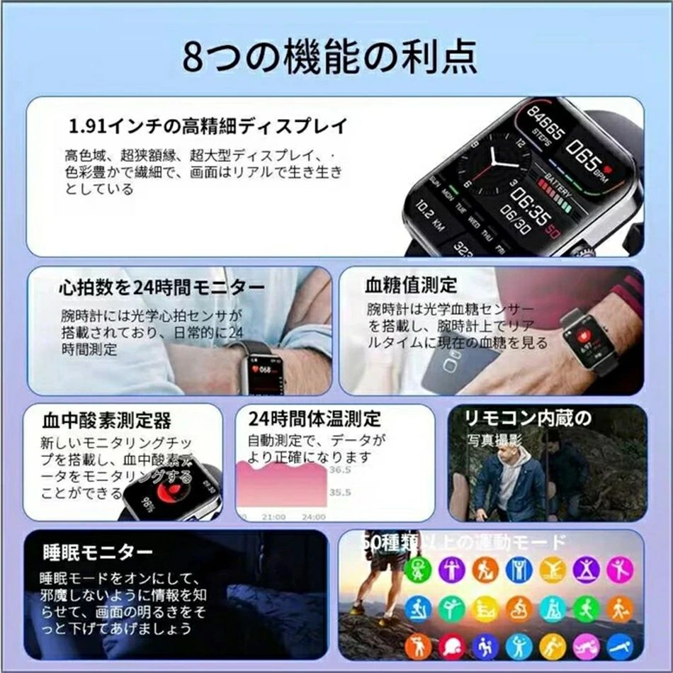 スマートウォッチ 血糖値 計測 スマート ウォッチ スマートウォッチ血糖値 測定 音声通話 心拍 体温 血中酸素 1.91インチ 大画面 薄型 健康管理 日本製センサー 日本語 歩数計 iPhone/Android対応 腕時計 着信通知 PSE認証 技適マーク